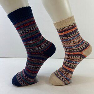Womens Crew Socks Set 2 Fair Isle Nordic Pattern Black Cream Blue Orange White
